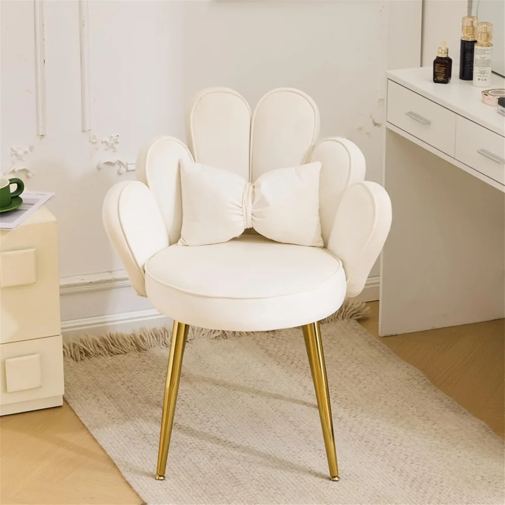 

Petal Makeup Vanity Chair,Flower Cute Girl Desk Chair,Modern Dining Chair,Small Accent Chair with Adustable Gold Legs&Bow Pillow