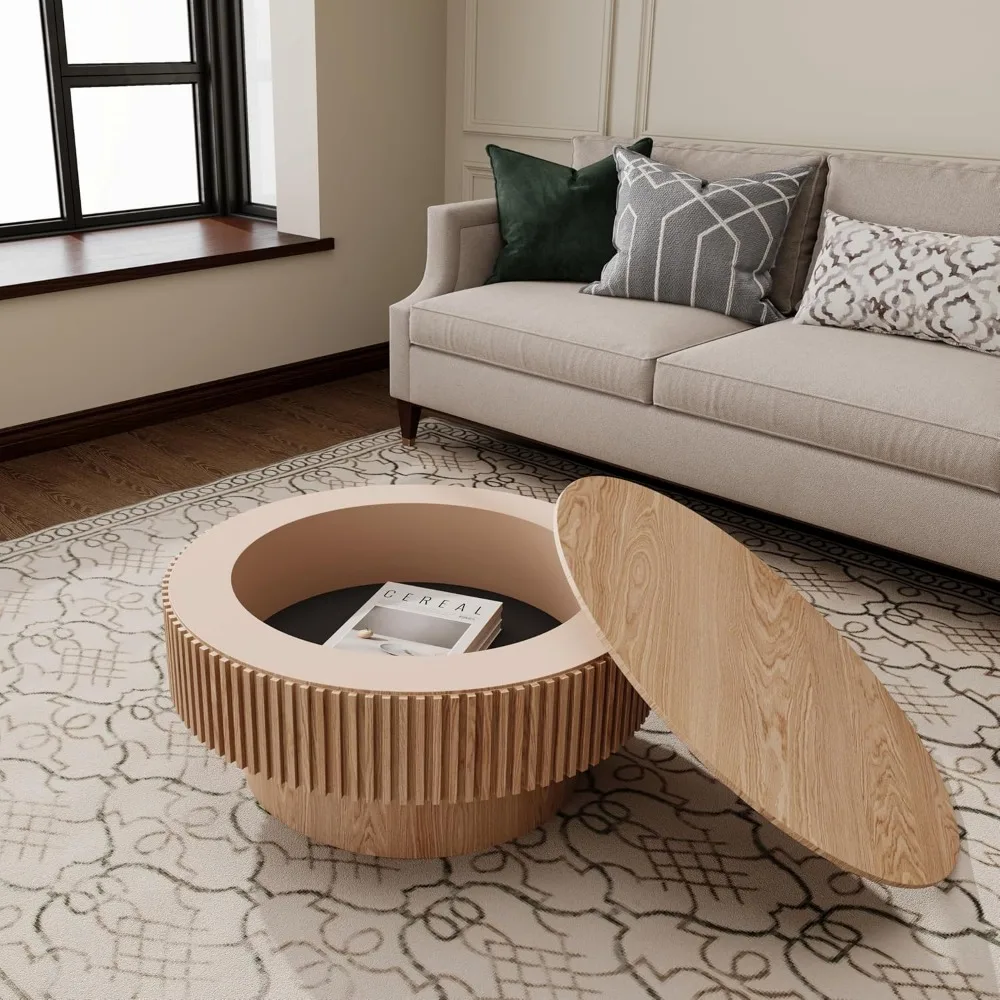 Round Coffee Table with Storage,31.5" Modern Solid Wood Veneered Drum Circle Side End Accent Center for Living Room, Small Space