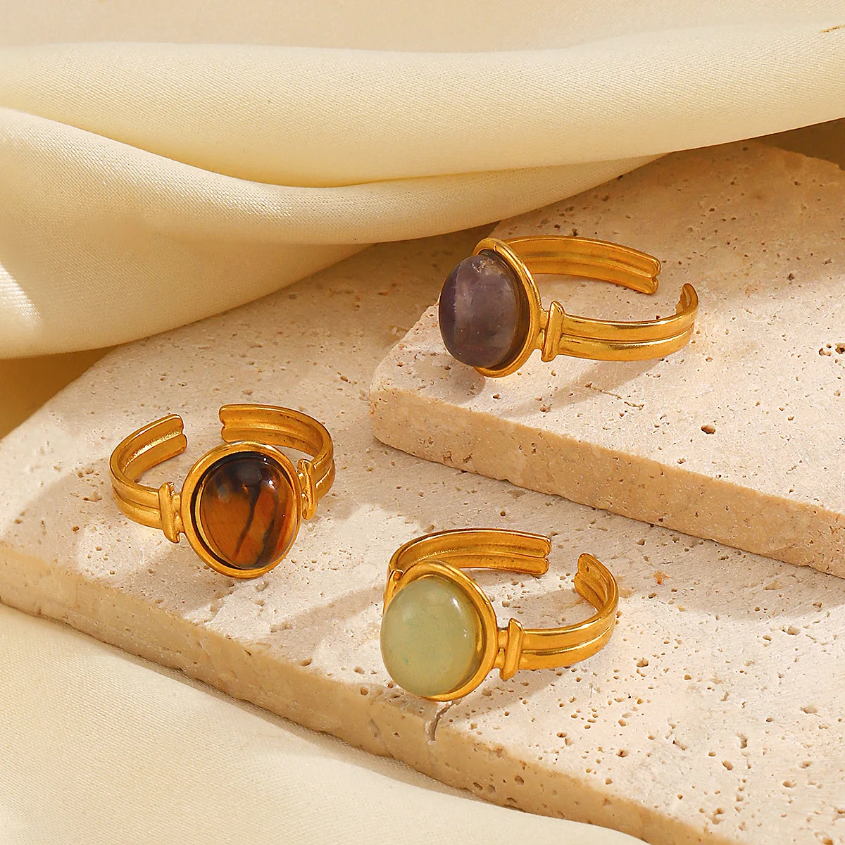 French Vintage Tiger Eye Stone Ring Neutral Jewelry Fashion Trend Stainless Steel Geometric Elliptical Natural Rings Gift