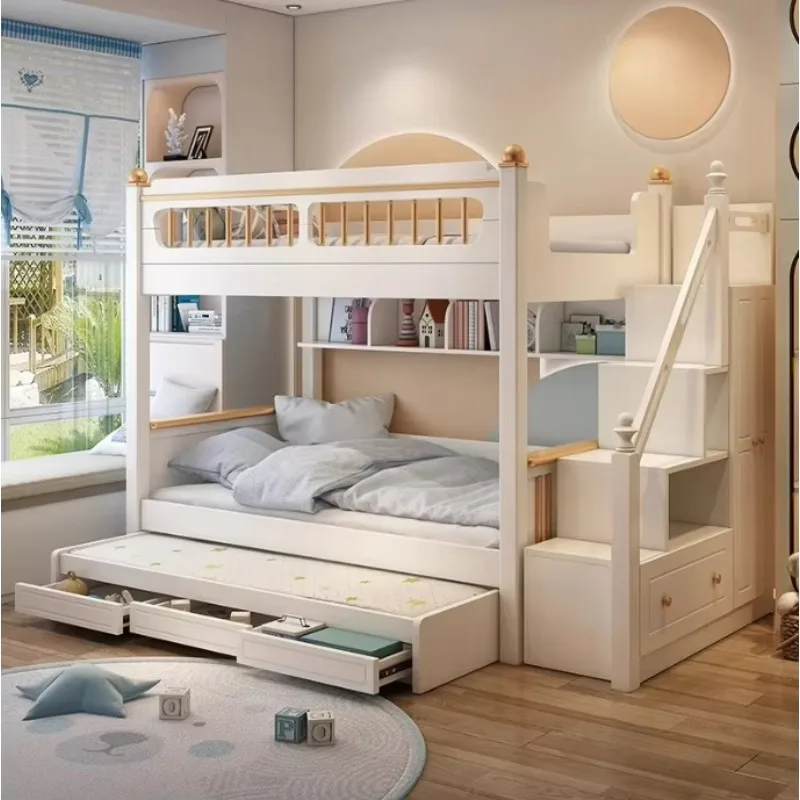 Wooden Kids Children White Single Bunk Bed with Storage Modern MDF Board Children Bed with Bookcase with A Slide Wardrobe