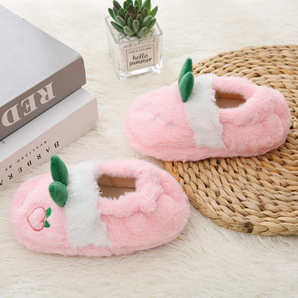 Fashion Toddler Girl Slippers for Winter Baby Loafers Plush Warm Pink Peach Soft Rubber Sole Children Home Shoes Indoor Footwear