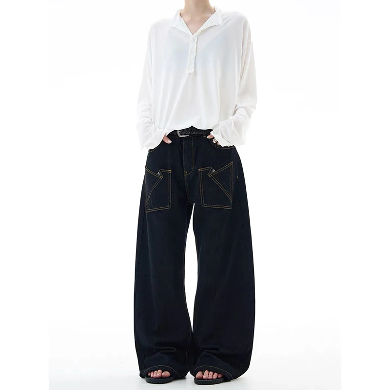 YIBASHU النساء السود فضفاض Y2K الأمريكية شارع العليا الجمالية تصميم الأزياء 2000s ريترو الجينز السراويل الطويلة الملابس 2025 جديد #4