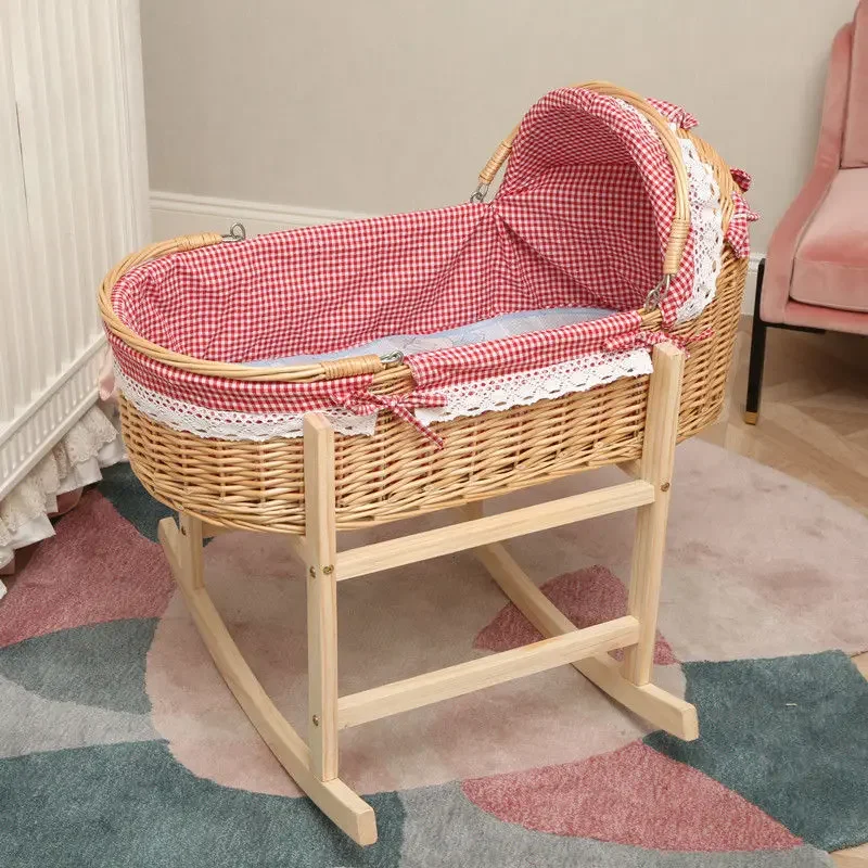 

New Upgrade Wooden Portable Baby Cradle Bed with Roller Baby Rocker 360 Degree Rotating Wheel Newborn Baby Crib 0-24M