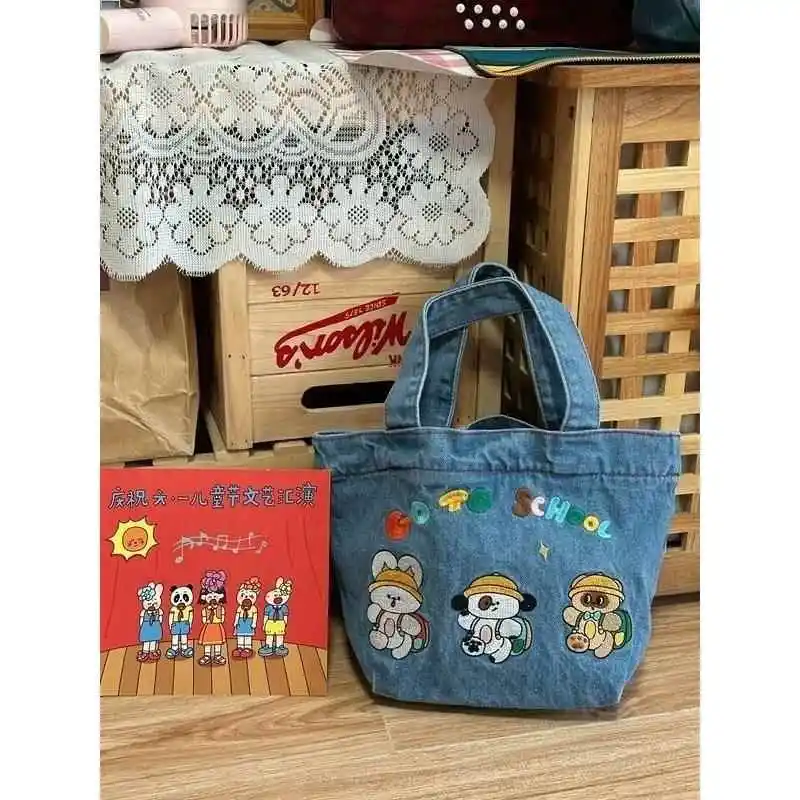 

Cute Canvas Small Tote Bag Women's Lunch Box Bag Outdoor Portable Snacks Bag Youthful Style Zipper Closure Hobo Bag