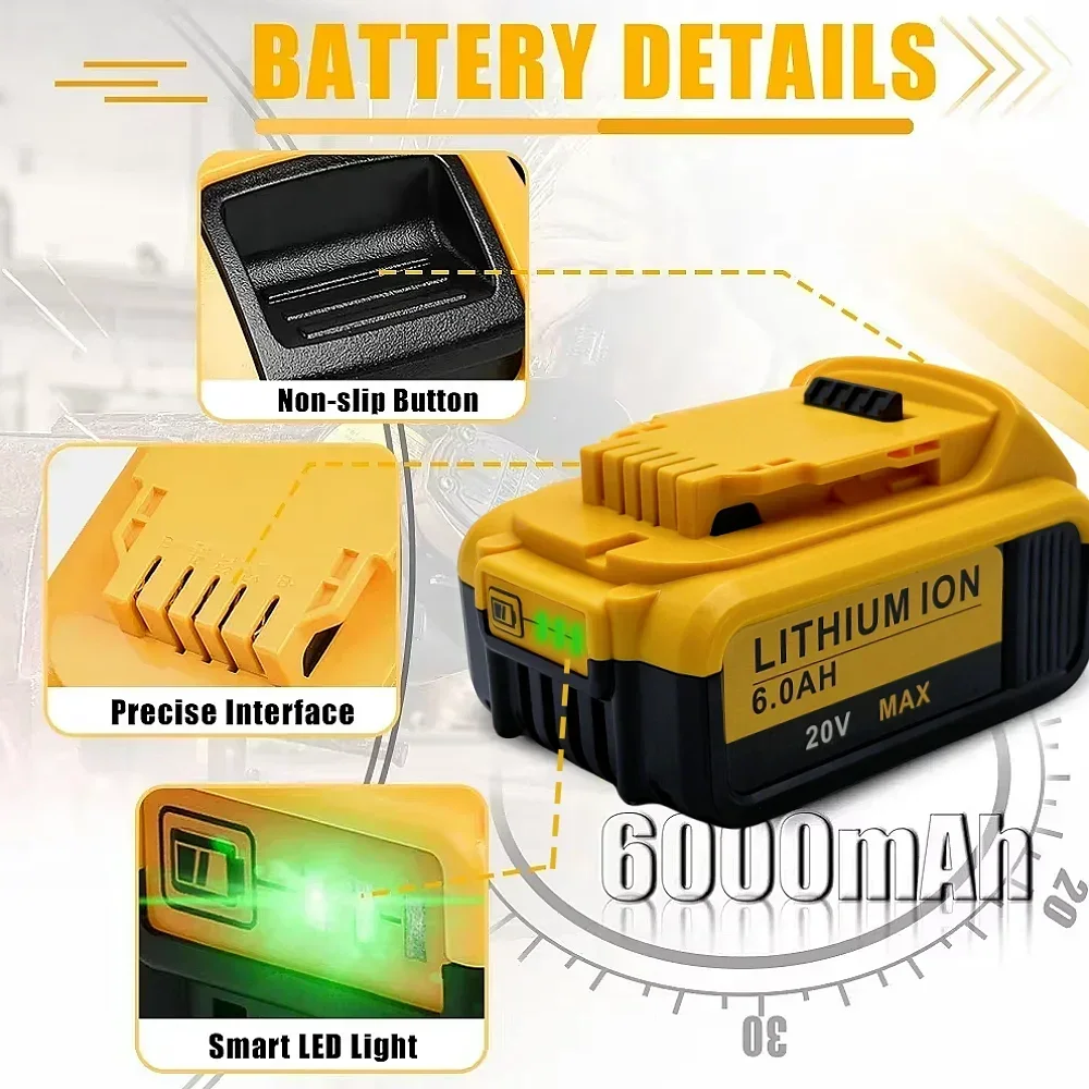 

For Dewalt 20V Battery 6.0Ah DCF850 DCB200 DCB184 Lithium Battery Compatible With All DEWALT Series Of 18V/20V Power Tool