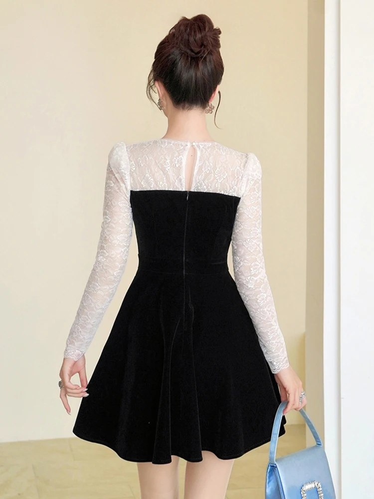 Elegant Black Velvet & White Lace Spliced Evening Party Dress Women's Cute Sexy Sheer Swing Ball Gown Lady Prom Vestidos Dating