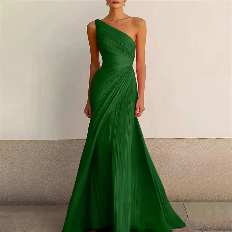 A Line Chiffon One Shoulder Pleat Evening Bridesmaid Dresses Wedding Party Formal Prom Birthday Floor Length Zipper Back image 5