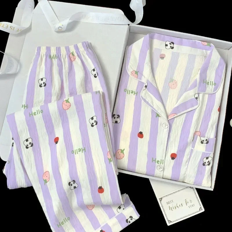 Autumn and Winter Women Pajamas Long Sleeve Trousers Cute Striped Panda Print Ladies Nightwear Cardigan Homewear Sleepwear