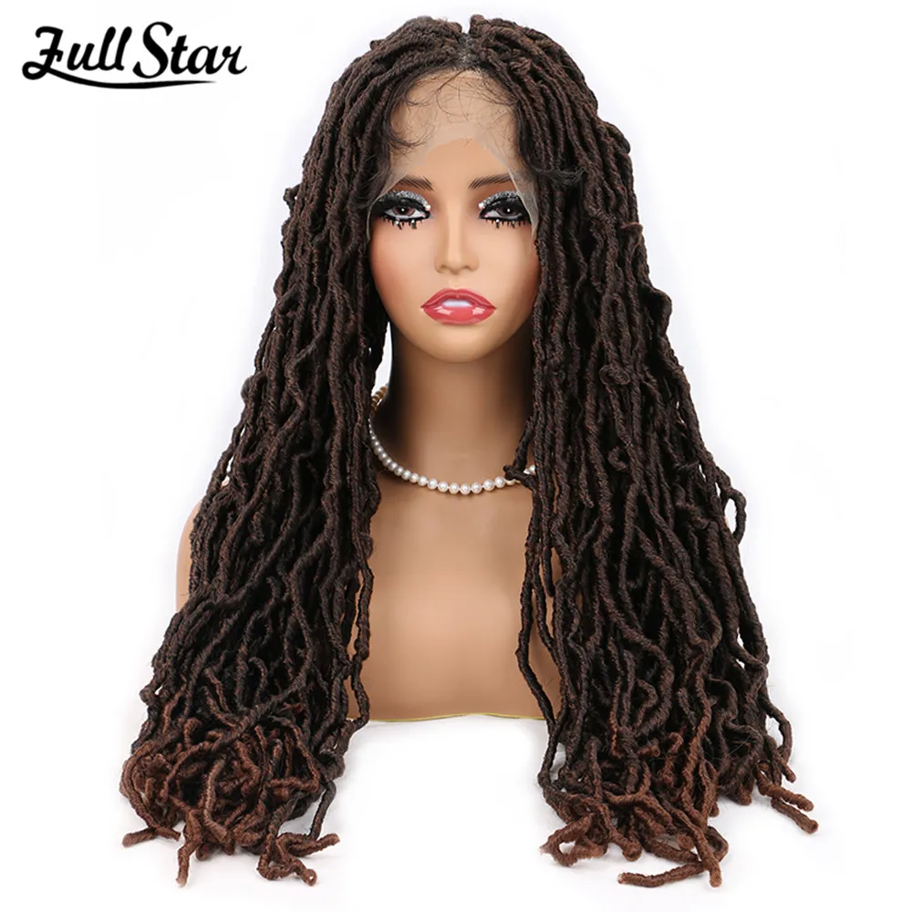 

Full Star 28” Double Lace Front Square Knotless Locs Braided Wigs Ombre Brown for Black Women Loc Braid Wig With Baby Hair