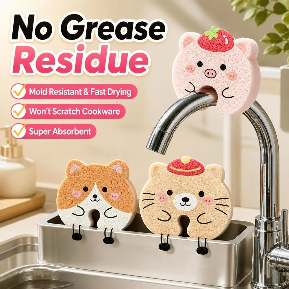 Cartoon U-Shaped Groove Sponge Wood-pulp Quick-dry Kitchen Scrub Sponge Non-scratch Multicolor Dish Washing Sponge Cookware