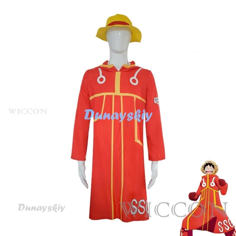 

Future Island Luffy Cosplay Anime Costume Uniform Men Luffy Red Trench Cloak Glove Hat Set Party Role Play Outfit for Kid Adult