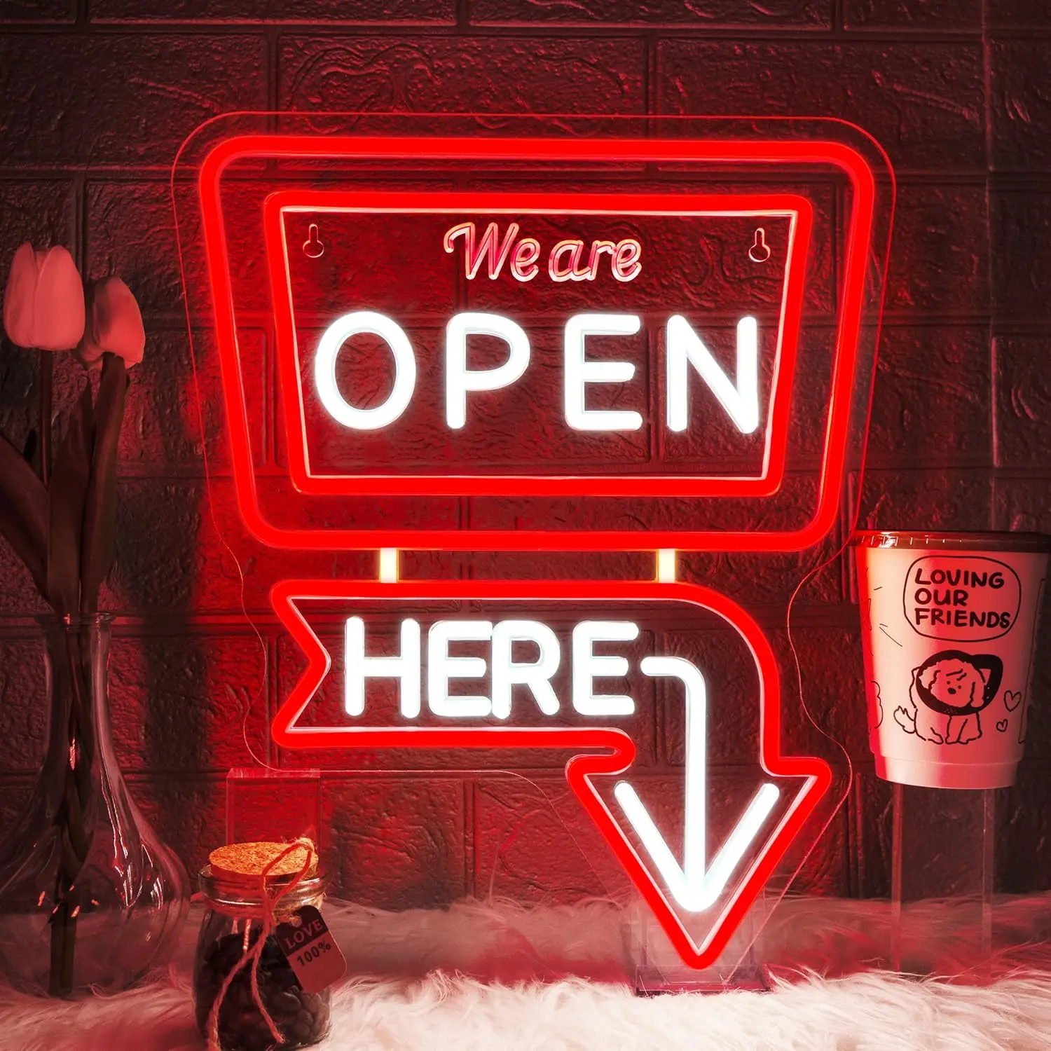 

We Are Open Here Neon Sign Art Wall Light USB LED Neon Light for Bar Restaurant Coffee Shop Business Decor Gift Night Light