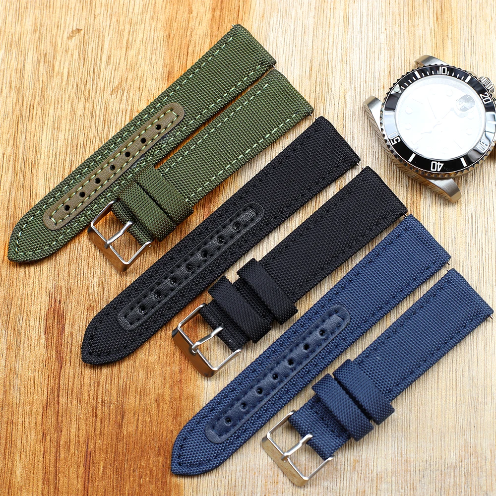 

Canvas+Leather Watchband 20MM Blue Black Green Men's Military Watch Strap Quick Release Handmade Bracelet