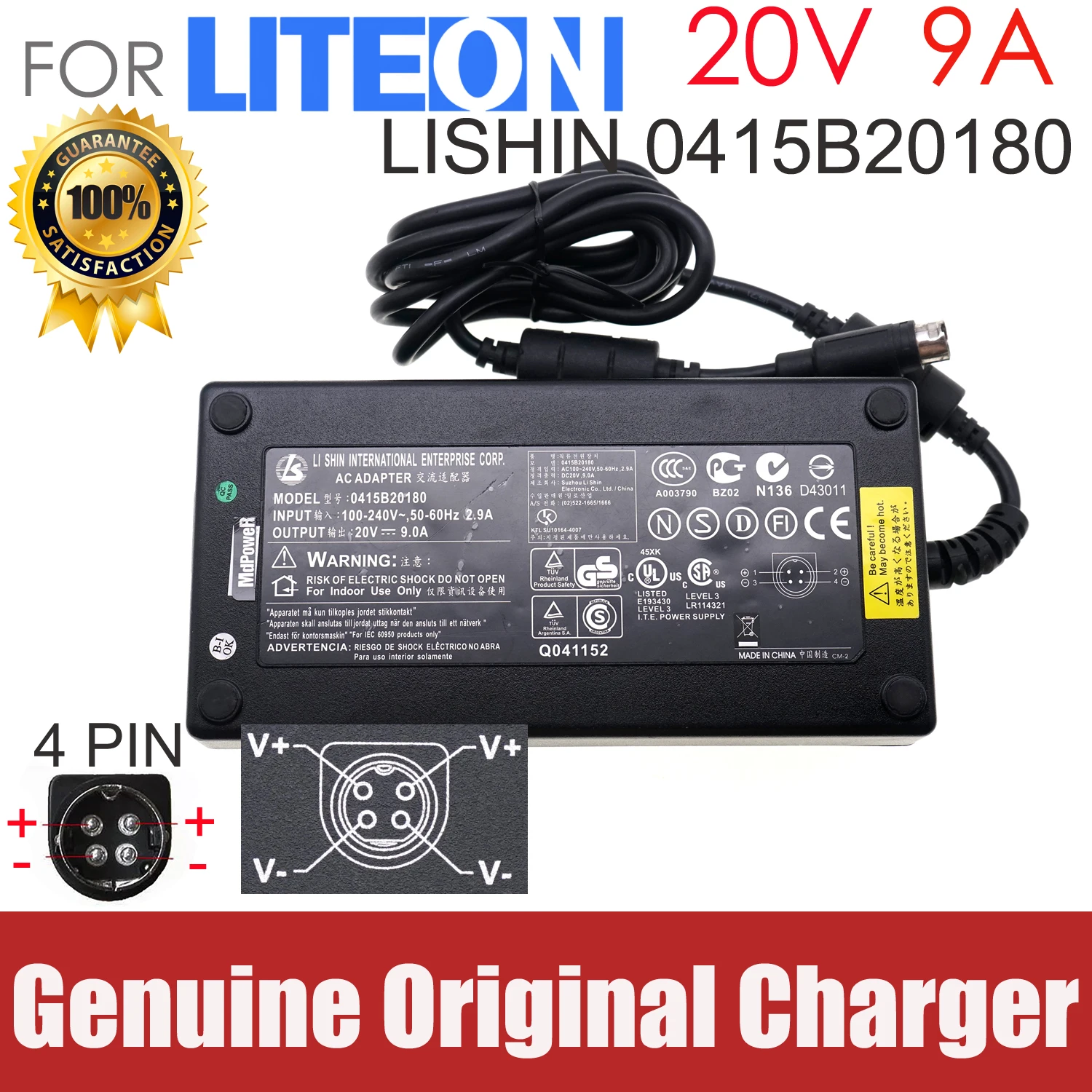 Genuine for AC Adapter LI SHIN 0415B20180 20V 9A 180W for CLEVO D-9T D-900 D9K D900T D90T D900F NB9280 NP9880 M590KE 4PIN