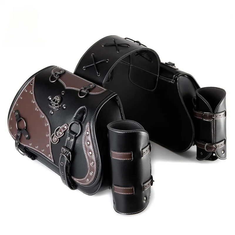 Universal Retro Motorcycle Saddlebag Throwover Saddlebags XL883 PU Leather with Cup Side Gear Bag
