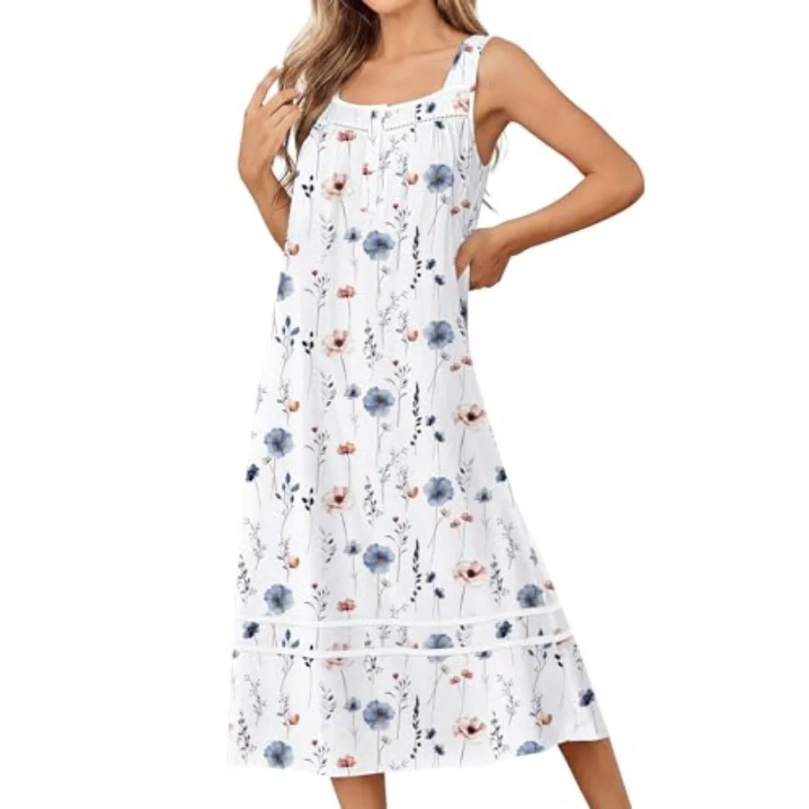 Ekouaer Nightgowns for Women Cotton Long Night Gowns Sleeveless Sleep Dress Victorian Nightdress Ladies Sleepwear XS-4XL