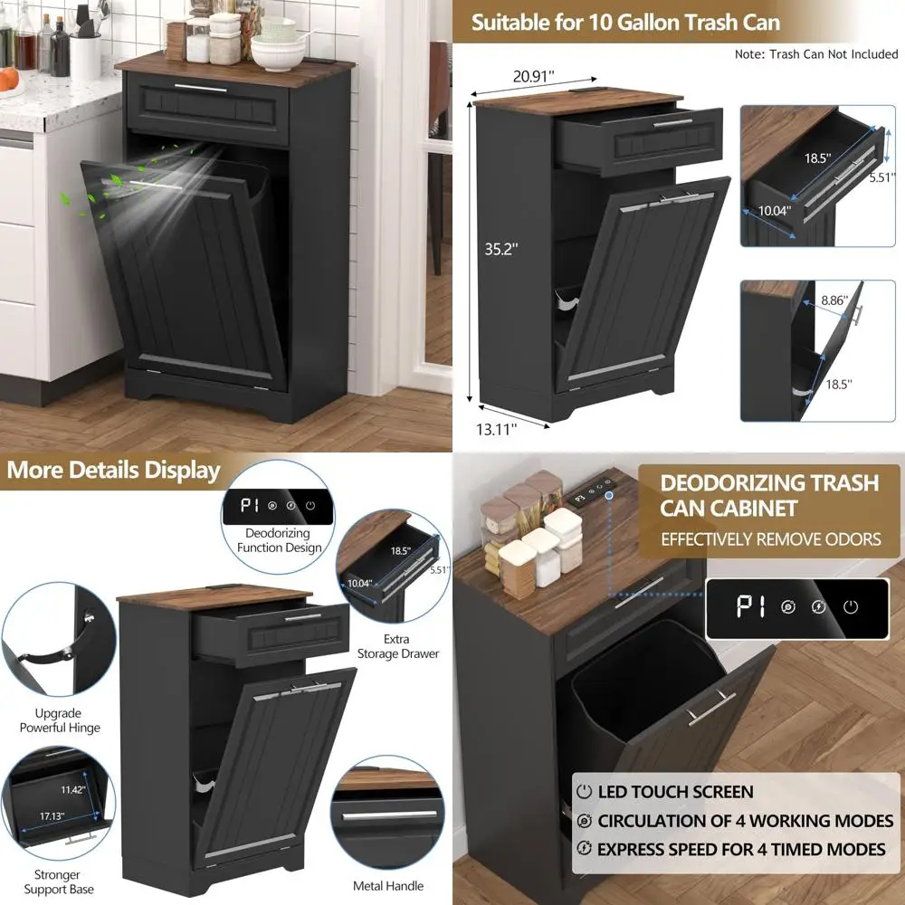 

Kitchen Tilt-Out Trash Can Cabinet - 10 Gallon Wooden Garbage Can with Storage Drawer and Deodorizing Feature, Hidden L-Shape De