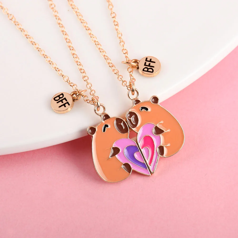 2Pcs/set Cute Kapibala Heart-shaped Stitching Best Friend Necklace for Girls Fashion Friendship Gifts