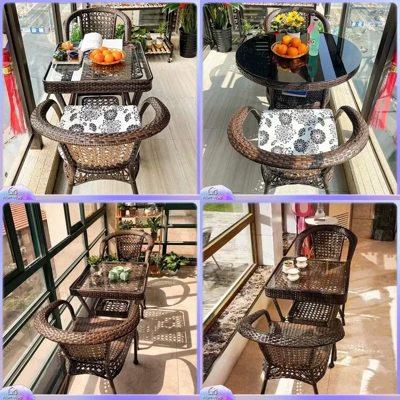 Outdoor Rattan Furniture Set 3 Piece Patio Wicker Chairs and Coffee Table Garden Balcony Conversation Set Weatherproof