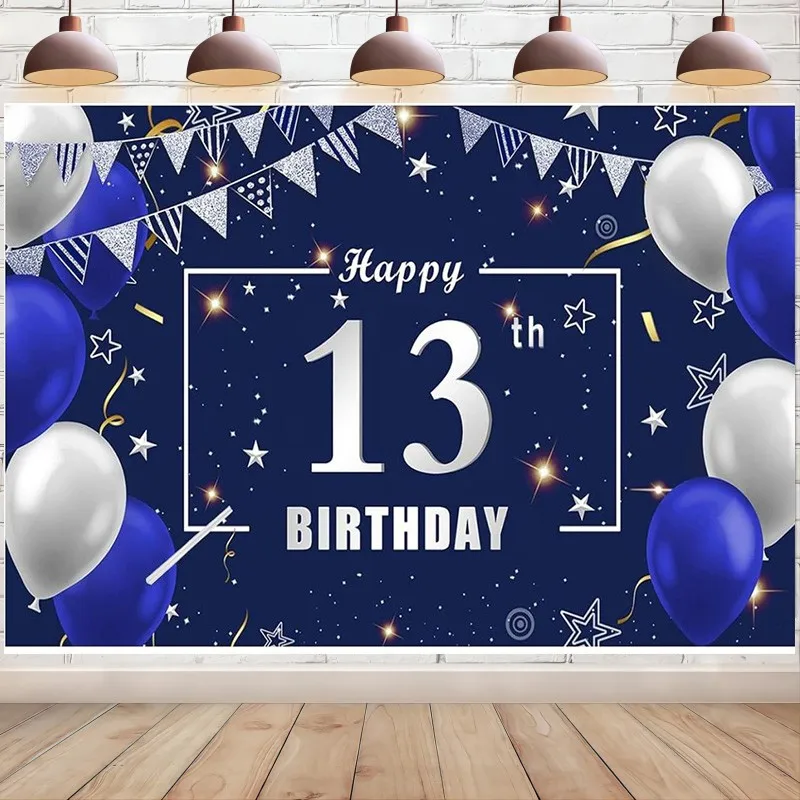 Happy 13th Birthday Backdrop Decoration Banner for Boys Girls Navy Blue Silver Teenager 13 Years Photo Background Party Supplies