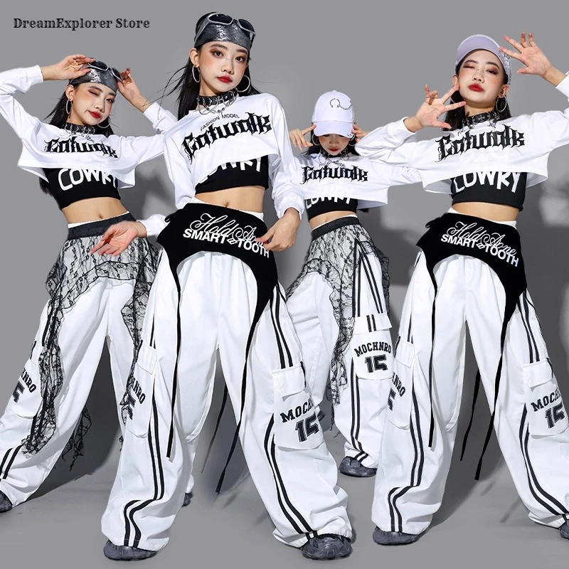 Girls K-pop Letters Crop Top Cargo Pants Children Streetwear Girl Group Costume Kids Hip Hop Street Dance Jazz Teen Clothes Sets