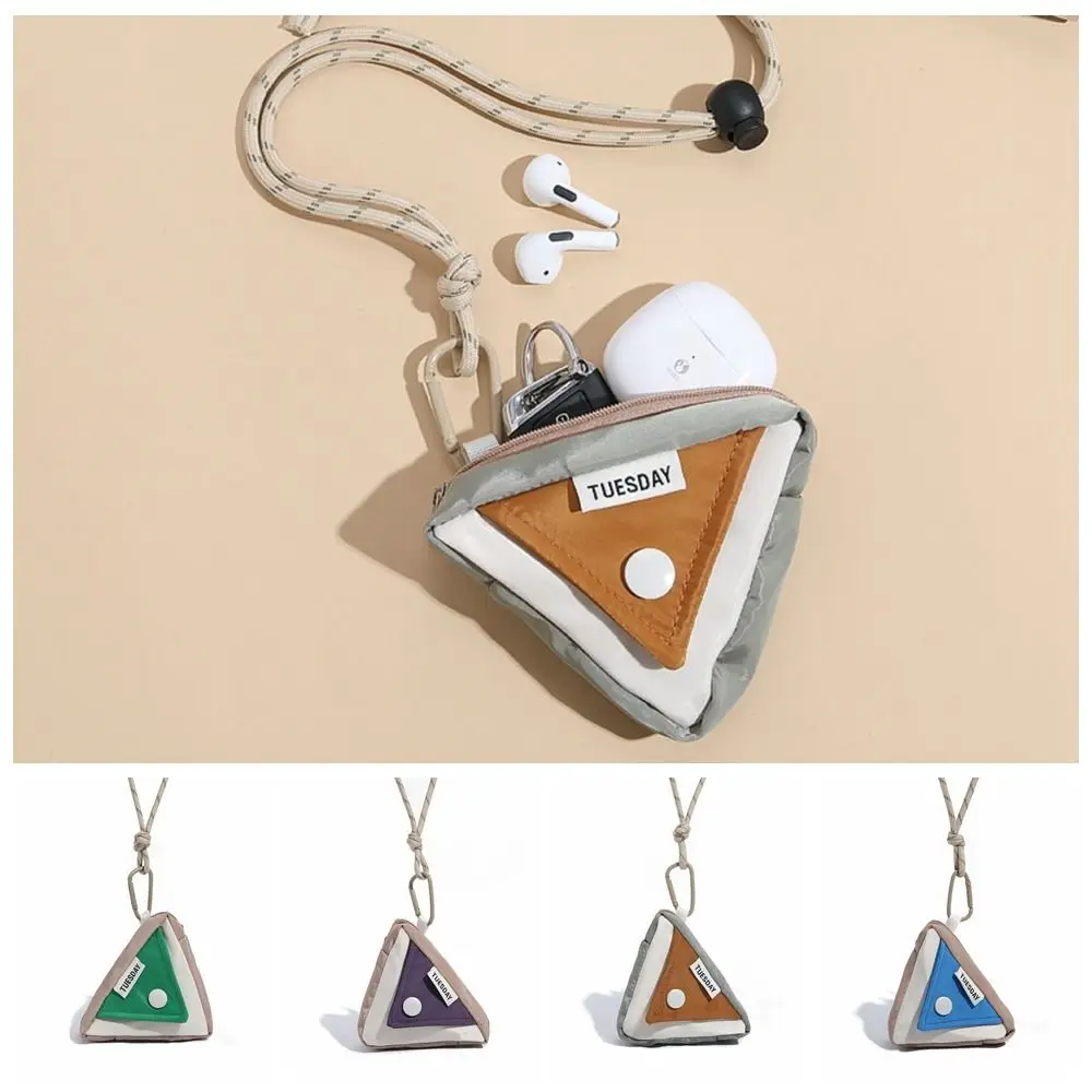 Hanging Neck Triangle Coin Purse Key Storage Bag Lanyard Contrasting Colors Wallet Nylon Earphone Bag Small Item Bag Men