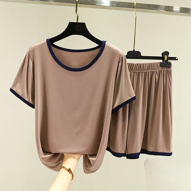 

Modal Pajama Set Women's Loose Short Sleeve T-Shirt Large Size Shorts Two Piece Set Pink Sleepwear Homewear Student Nightwear