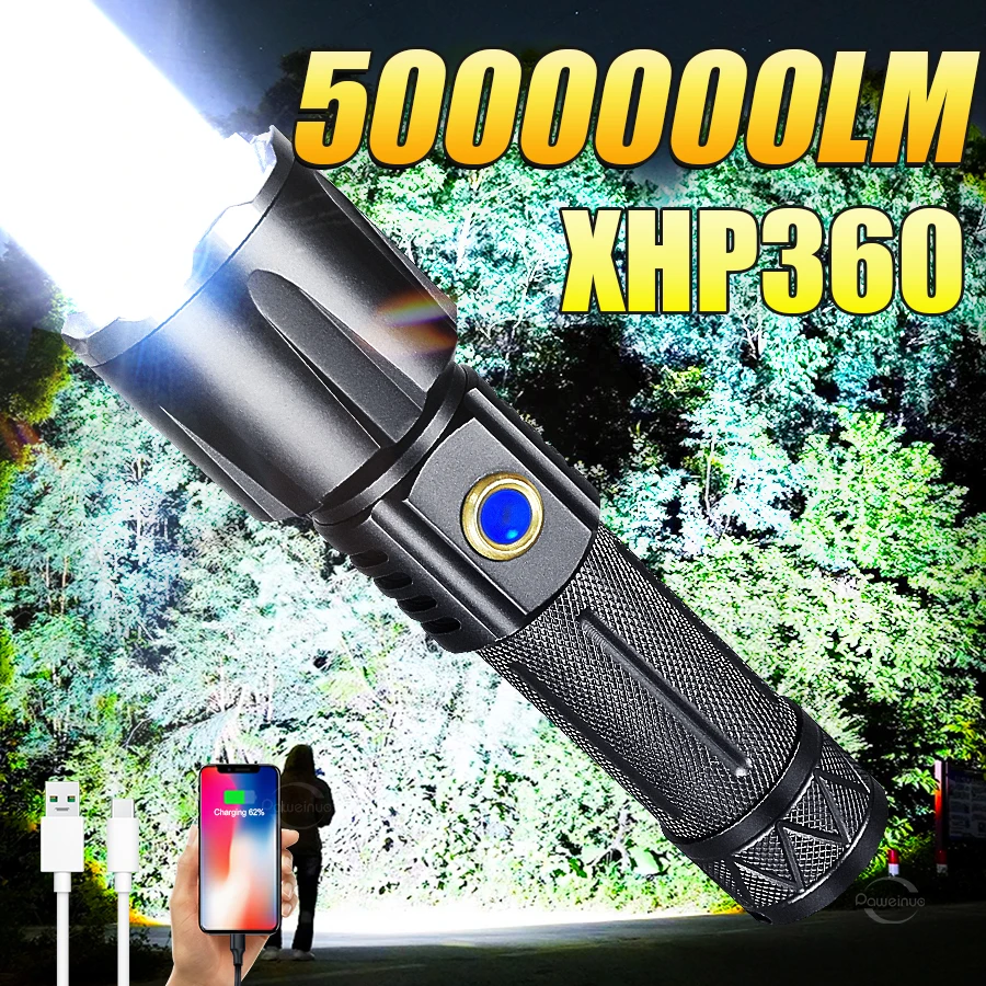

Strong Light LED Flashlight 5000000LM High Power Rechargeable Lamps Zoomable Super Bright Lantern Outdoor Fishing Camping Lights