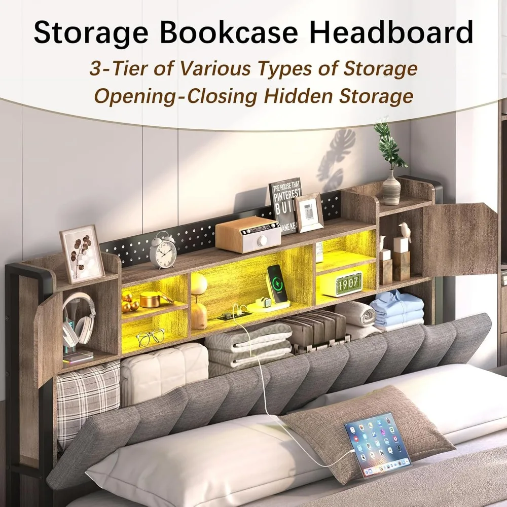 Rangka Tempat Tidur Queen dengan Rak Buku Penyimpanan di Kepala Tempat Tidur & Lampu LED, Rangka Tempat Tidur Berlapis Ukuran Queen dengan Stasiun Pengisian Daya USB, Berat