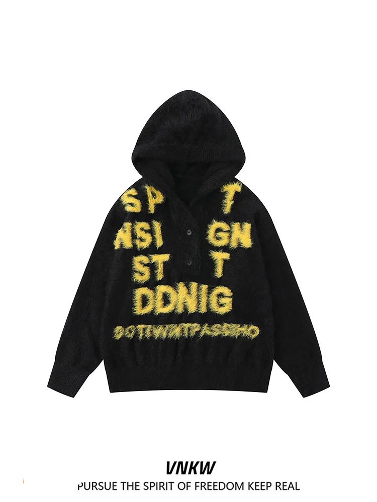 

Вязаный свитер Lu Life: утепленный, свободный крой, с капюшоном, из меха норки, мужской, зимний, повседневный, с вышивкой букв, трикотаж