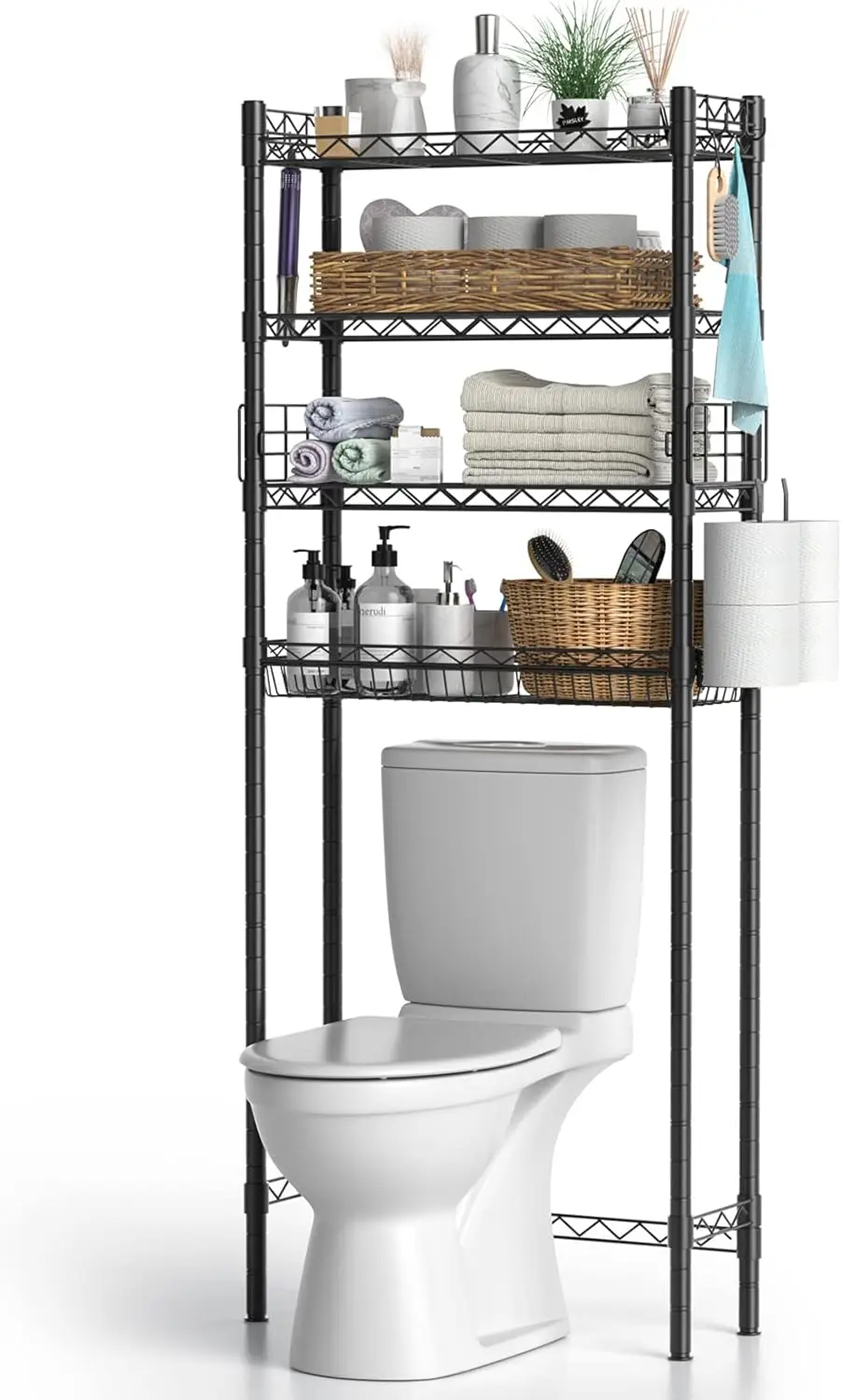 

Adjustable 4-Tier Over Toilet Storage Shelf, Sturdy Freestanding Bathroom Organizer Space Saver in Black