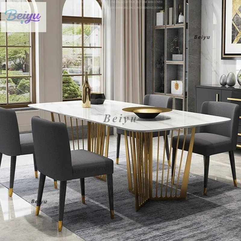 

Итальянский светлый роскошный стиль, яркая каменная плита, обеденный стол для отеля, бытовой обеденный стол, скандинавский современный простой прямоугольный элитный стол