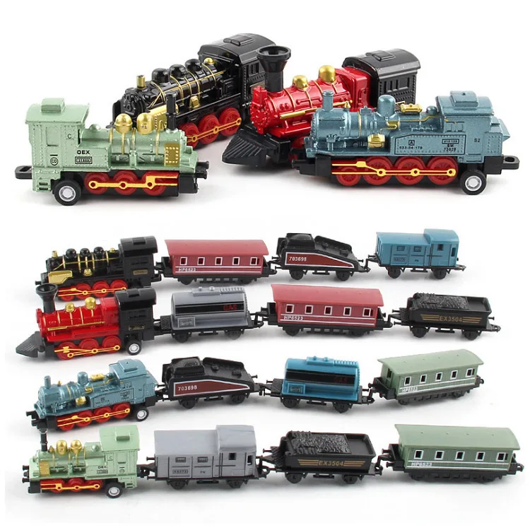 Diecast 1:60 liga carro de brinquedo veículos retro trem a vapor puxar para trás modelo trem crianças brinquedos conjunto para meninos presentes crianças aniversário