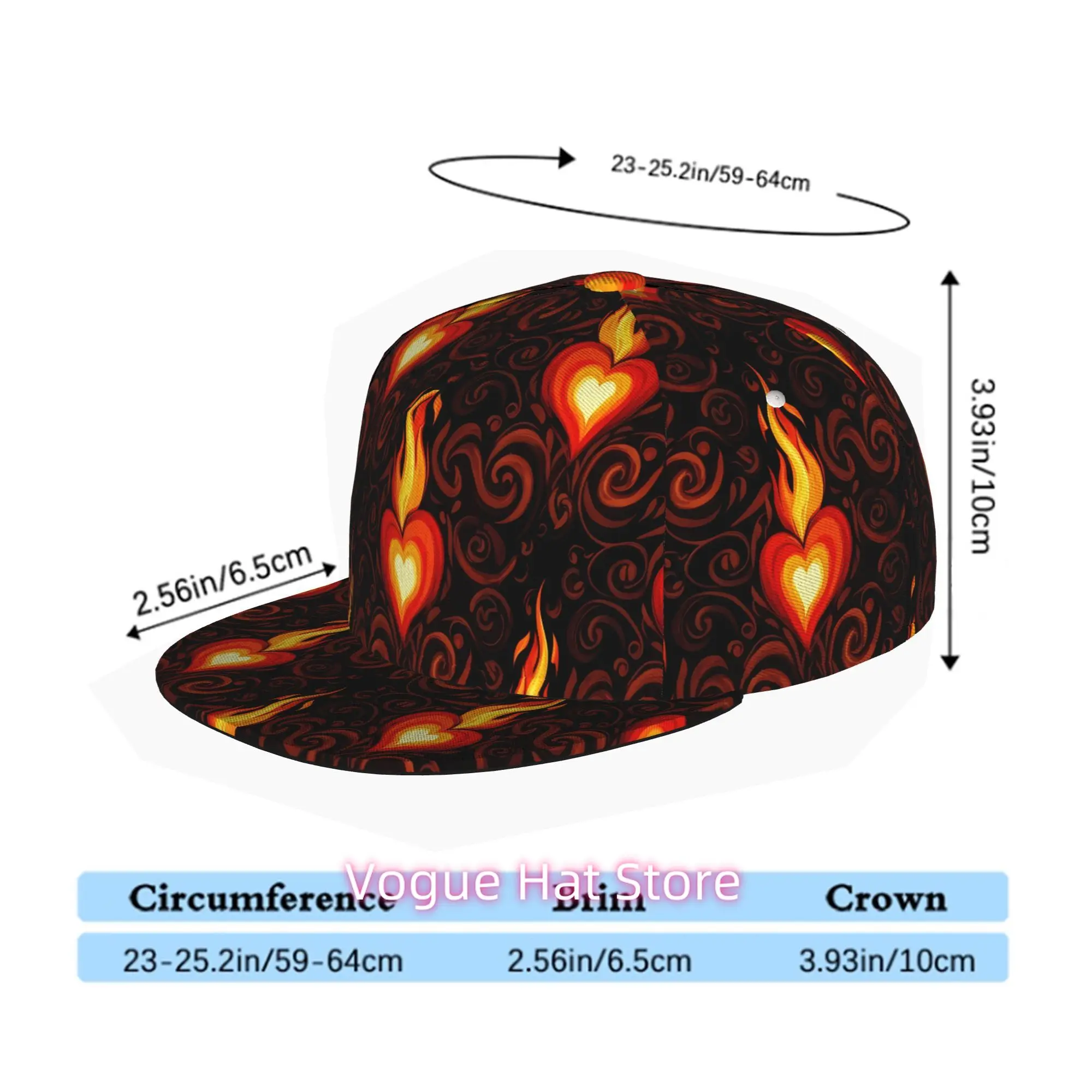 Flaming Heart Design, Unisex Flat Brim Baseball Cap for Men And Women, Hip Hop Streetwear Snapback Trucker Hat Suitable for Skat