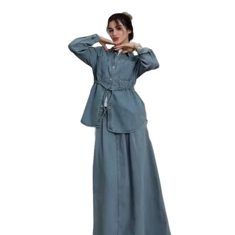 Denim Set da 2 pezzi Camicia musulmana da donna Cappotto Gonne Abiti monopetto Tasche con colletto rovesciato Gonne lunghe Abito overshirt