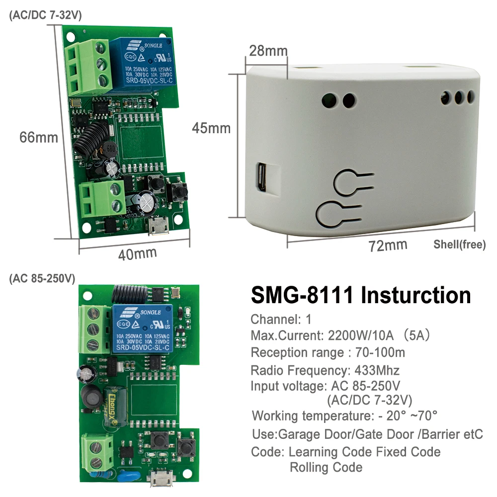 Récepteur universel de télécommande de porte de garage 433.92MHz 1CH AC/DC 7-32V 85-250V 4CH DC12V-24V citations de commutateur de code roulant