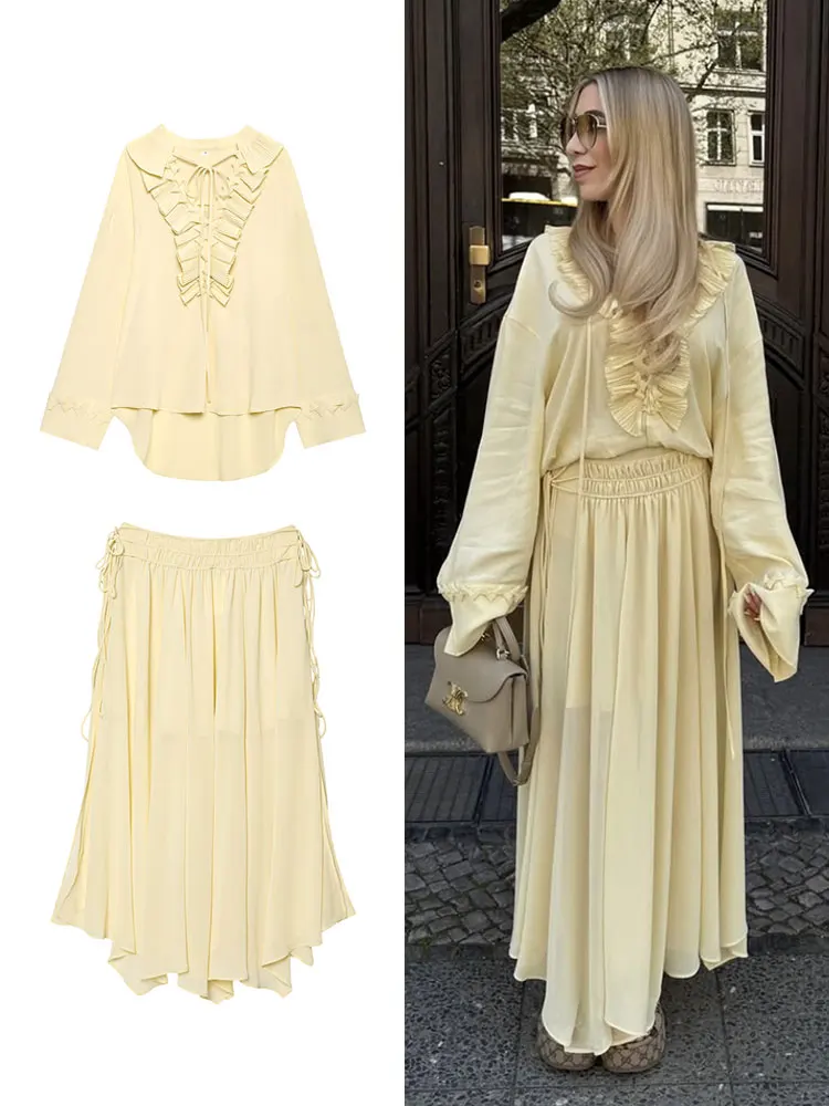 

TRAFZA Women Elegant Yellow Ruffles Lace-up Blouse Skirts Sets Long Sleeve V Neck Shirt Pleated Midi Skirt 2025 Women Outfits