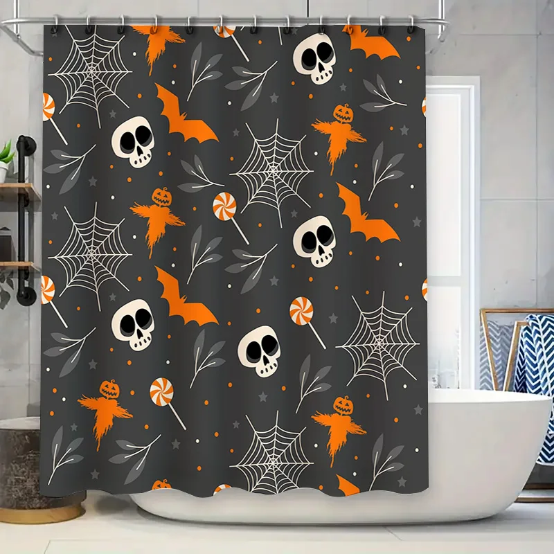 

Halloween-themed shower curtain with witch hat patterns, spiders webs, candy corn designs waterproof fabric for bathroom decor s