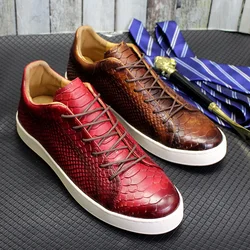 Man Causal Shoes Real Cow Leather Handmade Classic Lace Up Street Shopping Fashion Snake Pattern Derby Shoes for Men Sneakers