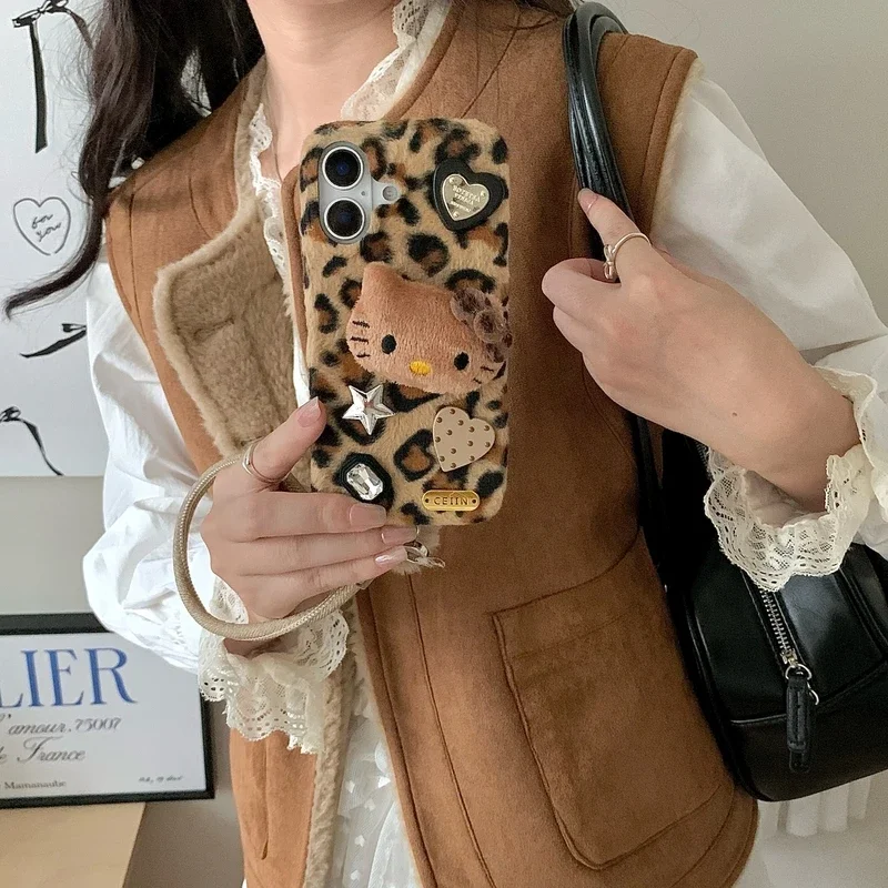 3D Cute Sanrio Y2K Hello Kitty Leopard Print Furry Plush Phone Case For iPhone 16 Pro 15 14 13 12 Pro Max Winter Warm Soft Cover