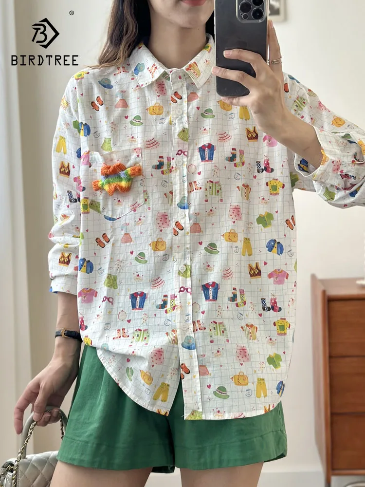 

New 2025 Autumn Cotton Long Sleeve Shirt, Women , Mori Girl Lapel Cartoon Print, Age Reduction Casual Cute Loose Blouse T58428CC