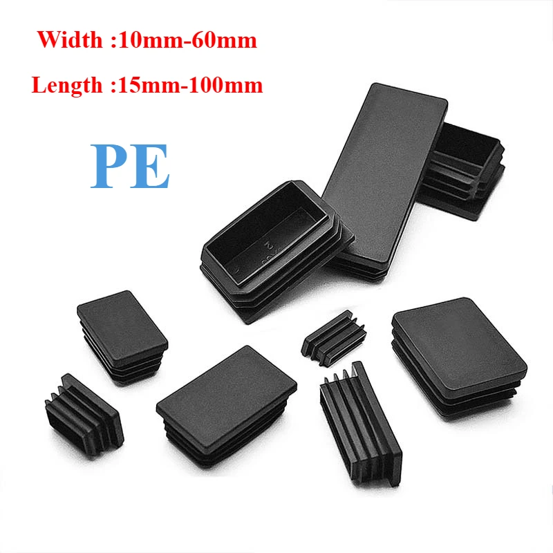 PE Black Plastic Blanking End Caps Rectangular Pipe Tube Cap Insert Plugs Bung Furniture Tables Chairs Foot Pads Protectors