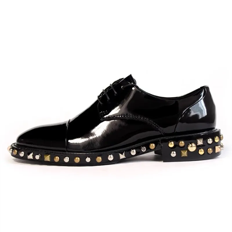 Spring/Summer Pure Black Handmade Rivet Lace up Leather Shoes Banquet Dress Square Heel Elevated Large and Small Men\'s Shoes