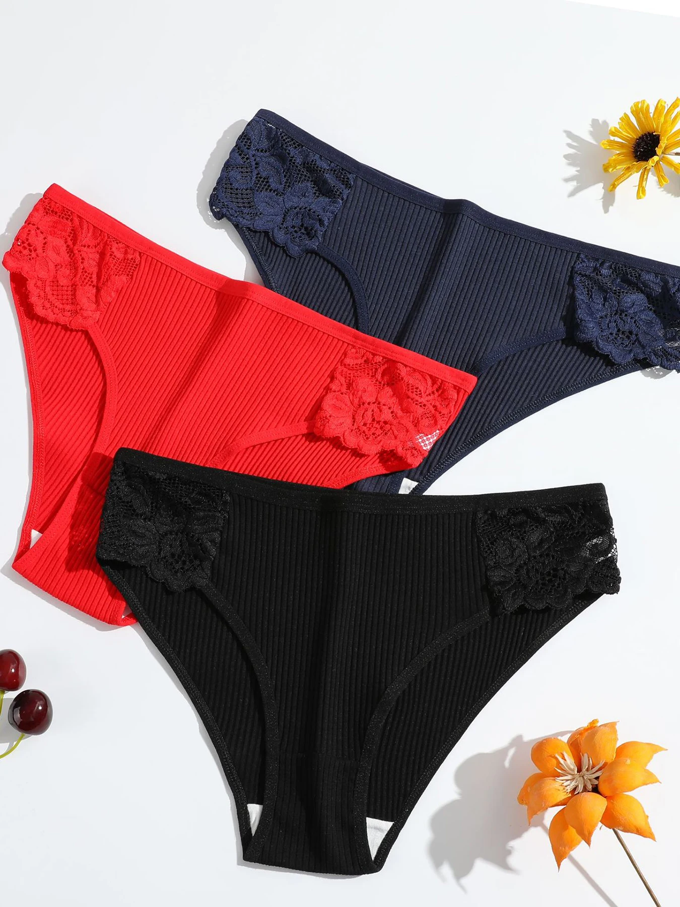 7PCS/Women Panties Sexy Lace Cotton Underwear Soild Color Briefs Mid Waist Soft Comfortable Breathable Lingerie Intimate Pantys