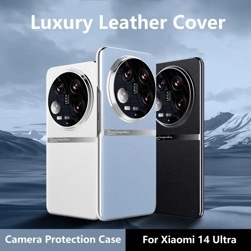 For Xiaomi 14 Ultra Case Luxury Plain PU Leather +Electroplating Frame Ultra-thin Camera Protection Cover for Xiaomi Mi 14 Ultra