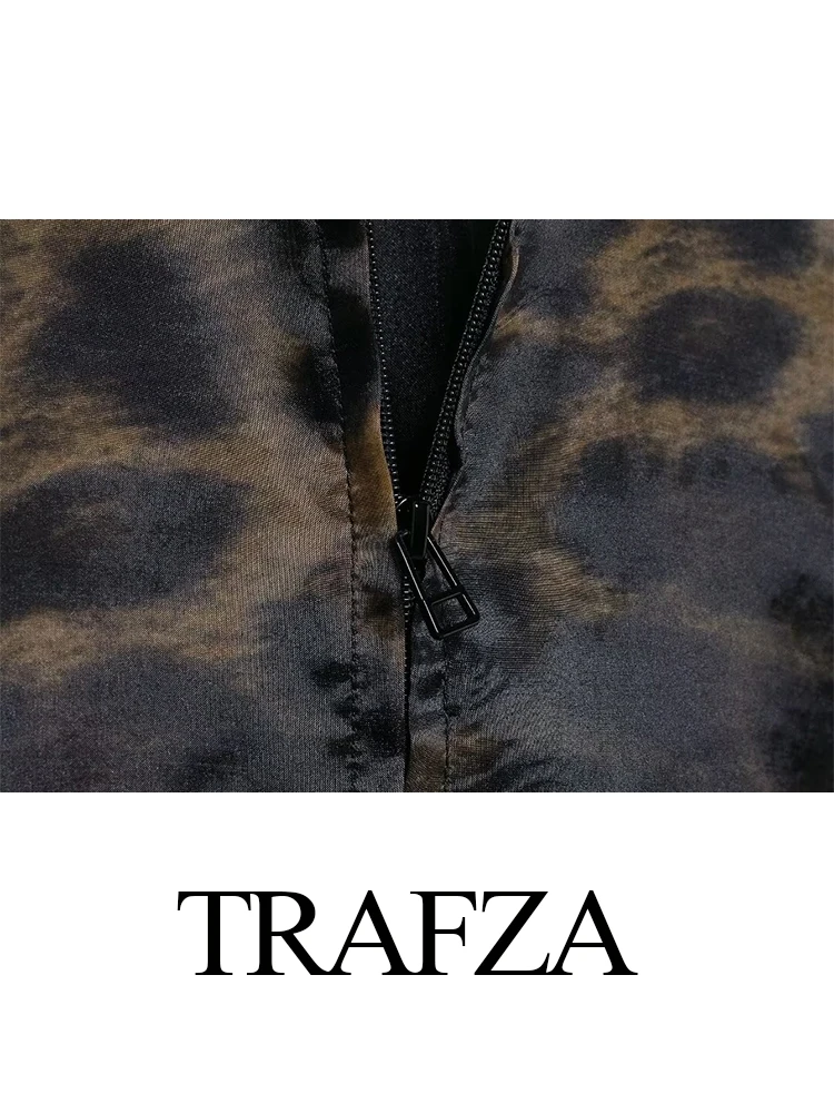 TRAFZA Women Fashion Leopard Double Layer Organza Zip Top Female Black Elegant Pleated Oversize Short Sleeve Casual Blouse Mujer