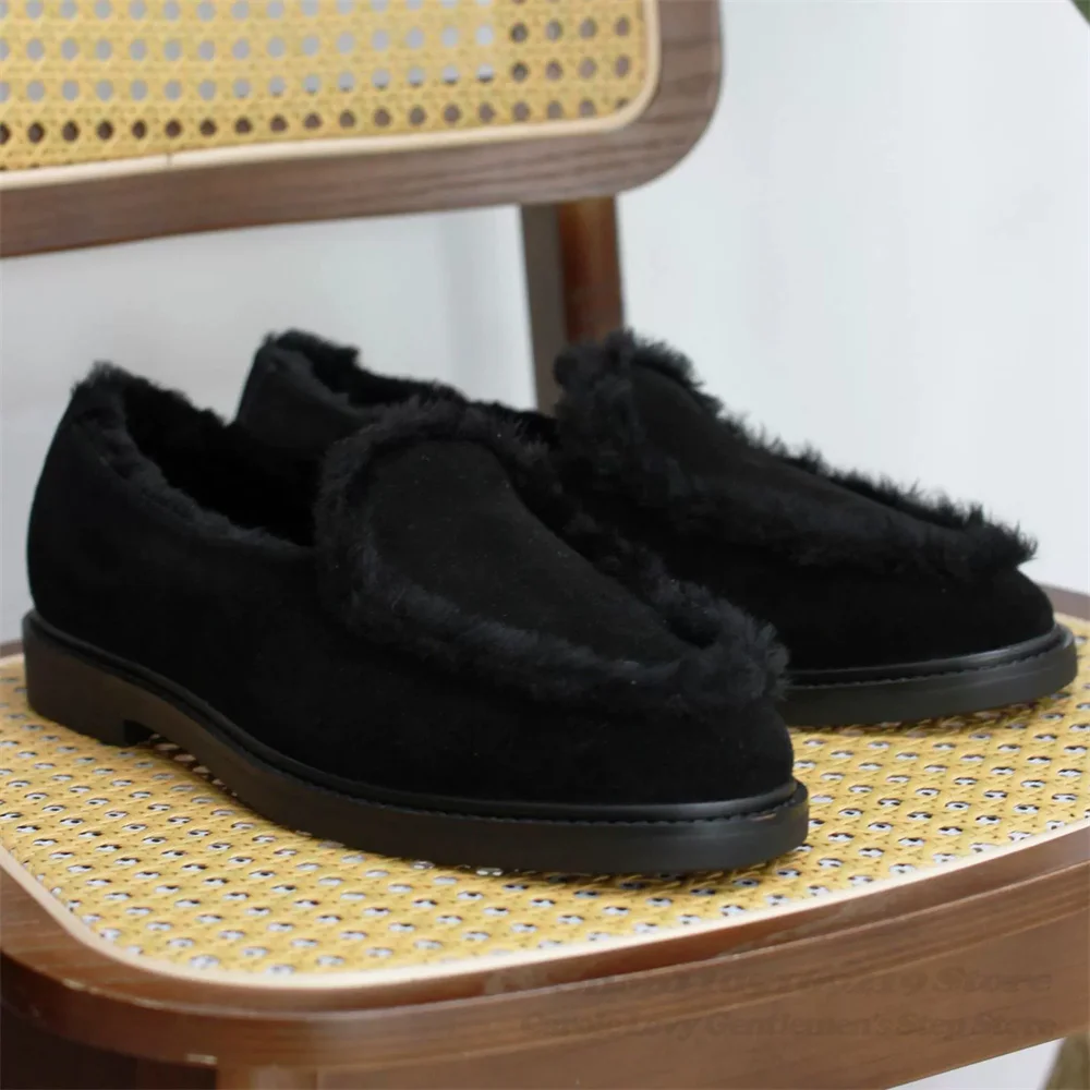 British Cowhide Winter Casual Round Toe Retro Loafers Men Slip On Warm Solid Color Fur Decor Elegant Fashion Single Shoes