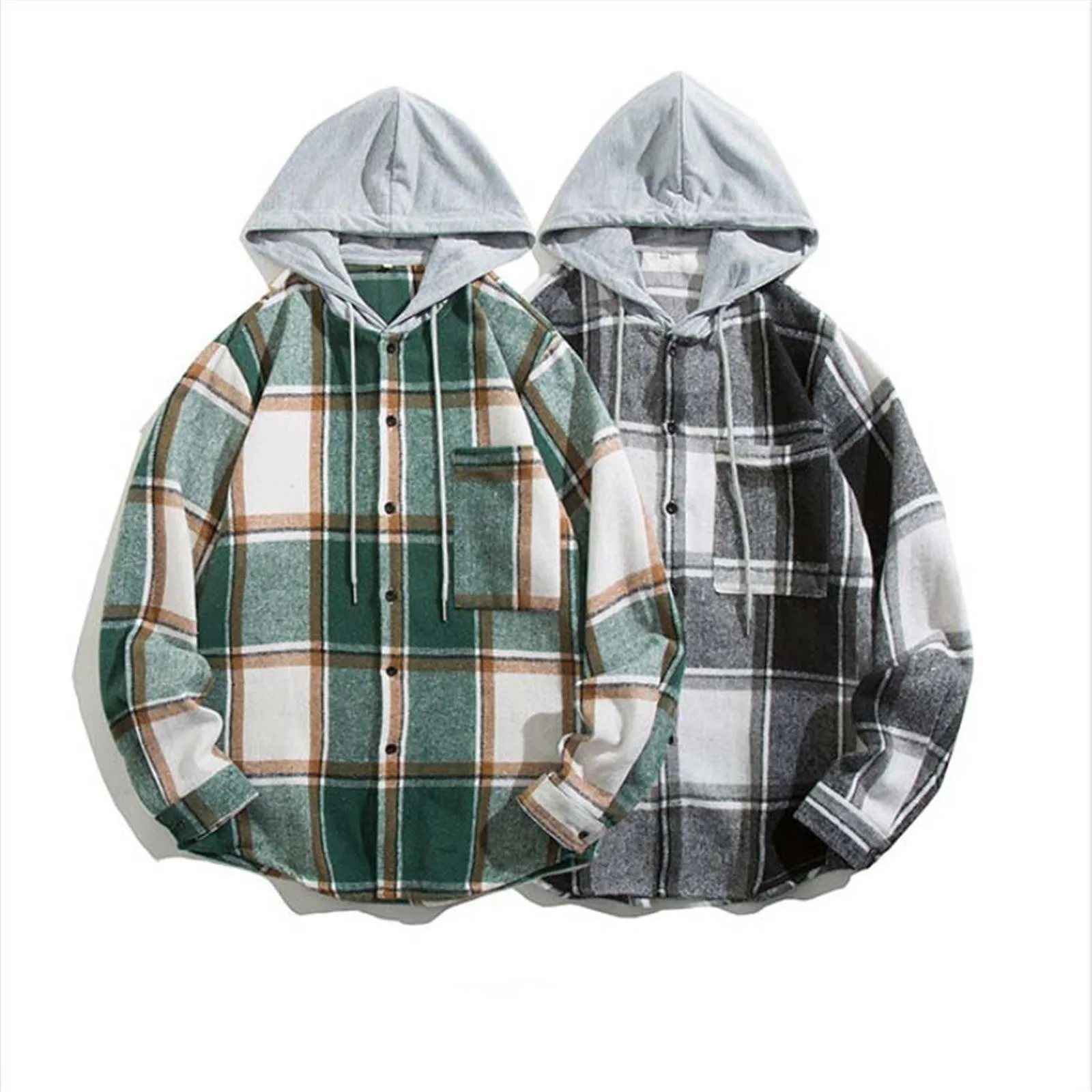 Hooded Collar Button Down Shirts Coat Male Clothing Long Sleeves Shirts For Men Autumn Casual Plaid Print Shirt Button down