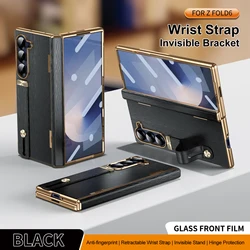 For Samsung Galaxy Z Fold 7 6 5 4 Luxury Leather Phone Case External Screen Tempered Glass Film Wristband Hinge Shockproof Cover