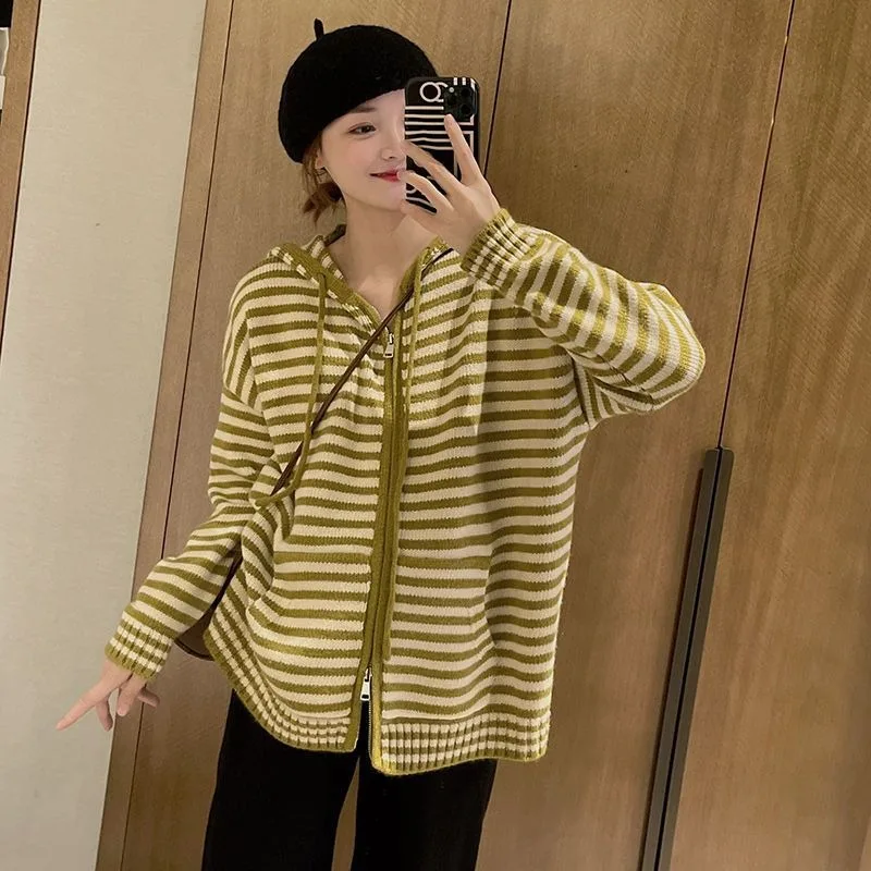 2023 Spring Autumn Striped Zipper Sweater Cardigan Women Loose Outwear Casual Latest Knitted Top Coat